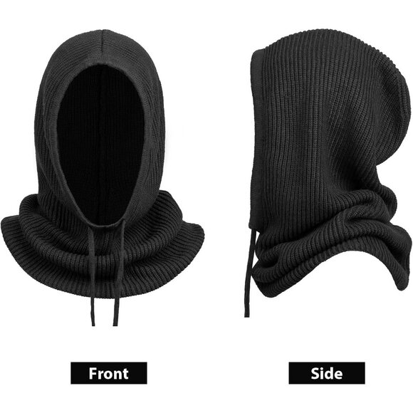 Women's Scarf Hat Balaclava Beanie Skull Cap with Drawstring Warm Light Black - Picture 3 of 7